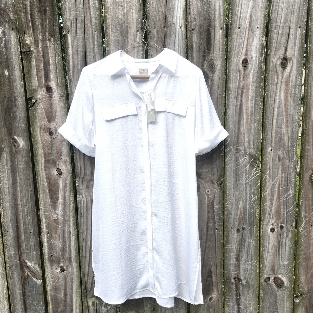 Chicos Solid Tunic Shirt Alabaster White Short Sleeve Button Front Top size 1 M